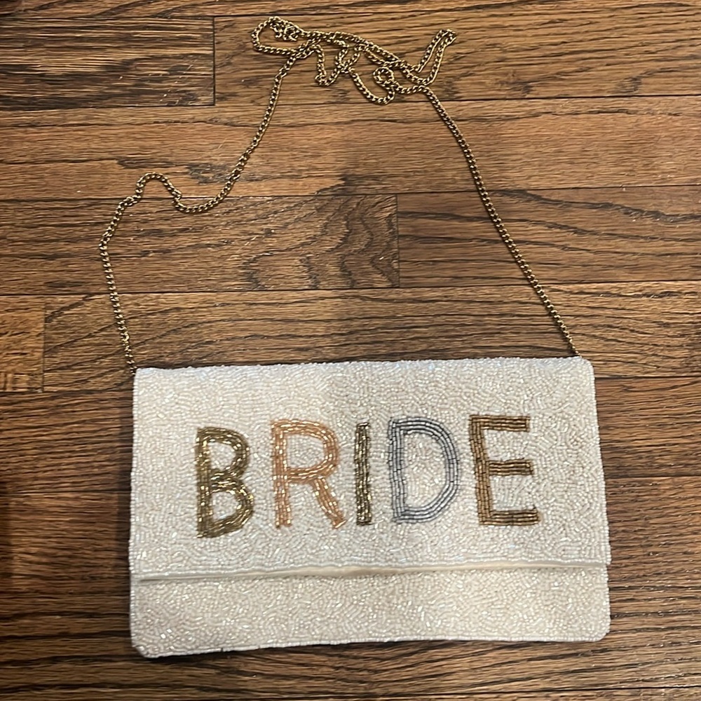 Beaded BRIDE Clutch with Gold Chain